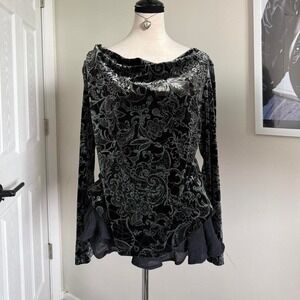 Vintage Briggs New York black velvet paisley print top with cowl neck